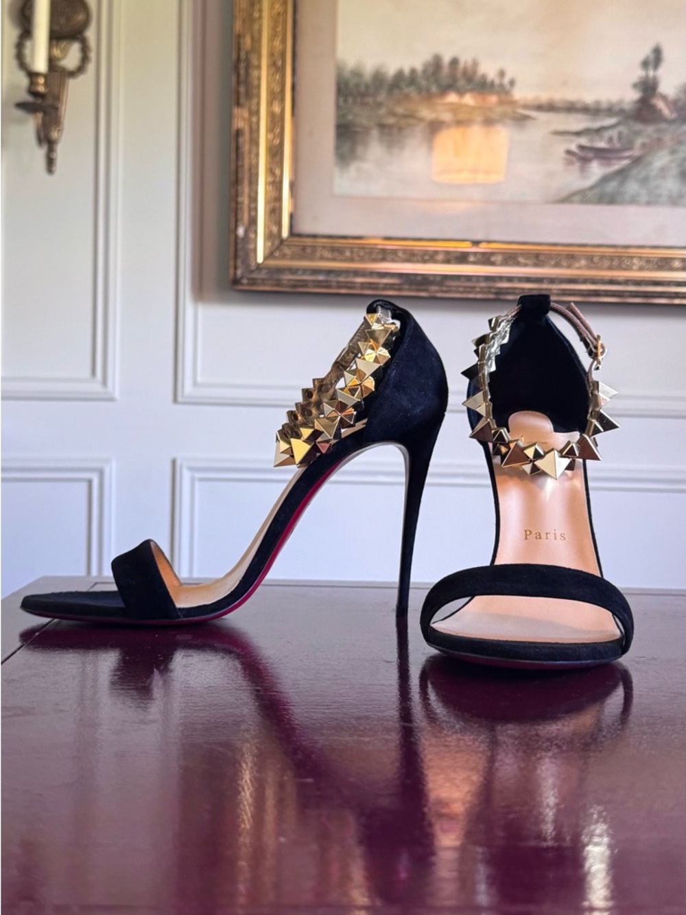 Christian Louboutin Black Suede Sandals with Gold Stud Detail